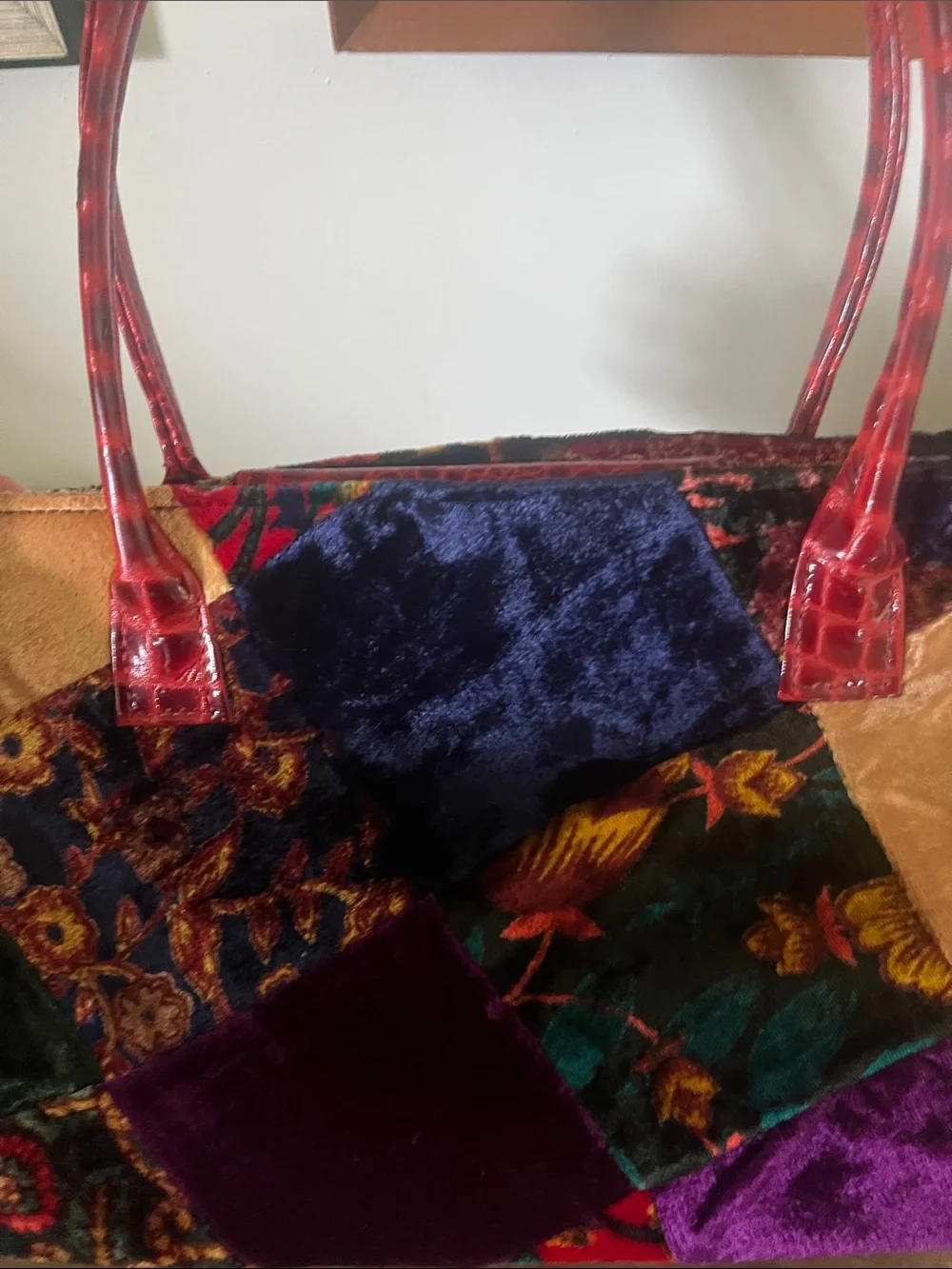Julie Feldman Patchwork Velvet Tote with Crocodile Red Handles